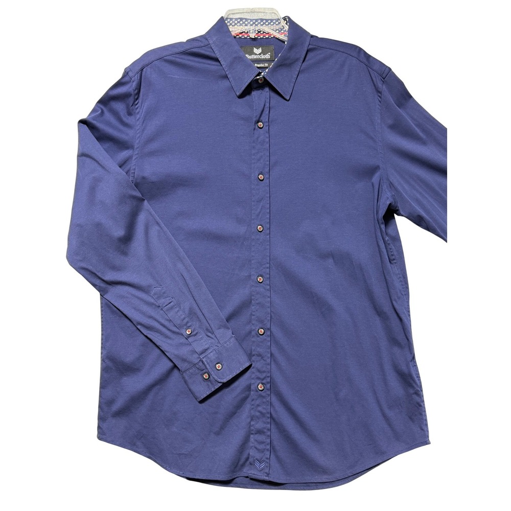 Buttercloth Mens Navy Blue Knit Long Sleeve‎ Button Down Shirt Regular Fit XL